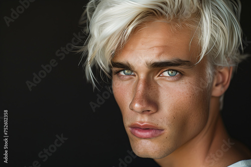 Close-up of a Young Man with Silver-White Hair and Piercing Green Eyes