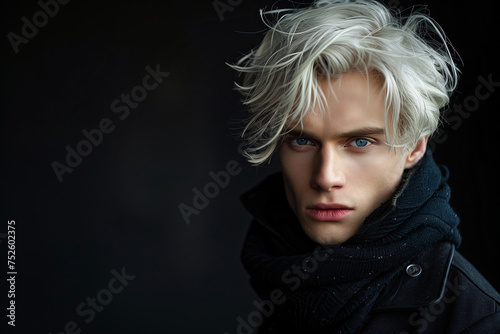 Intense Blue-Eyed Male Model with Messy White Hair  Edgy Winter Fashion