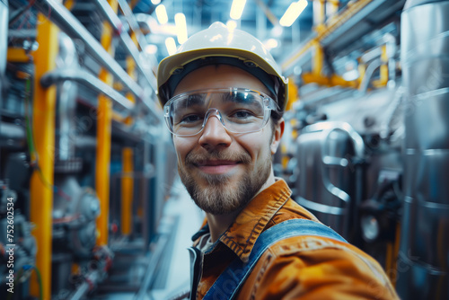 Smiling Industrial Engineer with Hard Hat in Manufacturing Plant, Professional Confidence