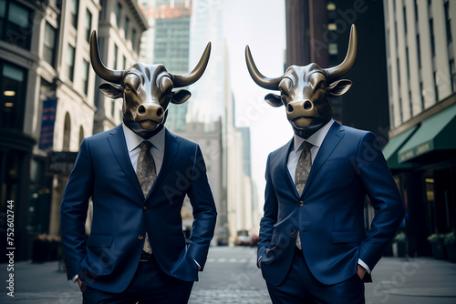 Two Wall Street Bulls in Suits, New York City © Neon Butter
