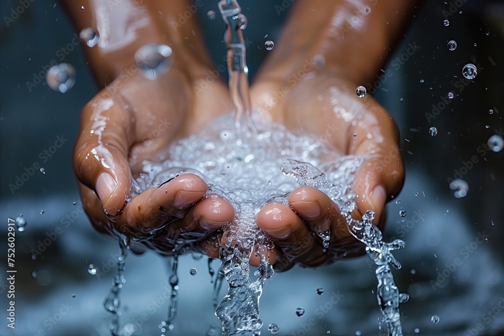 Fototapeta premium Water splashing from female hands, closeup of hands holding water