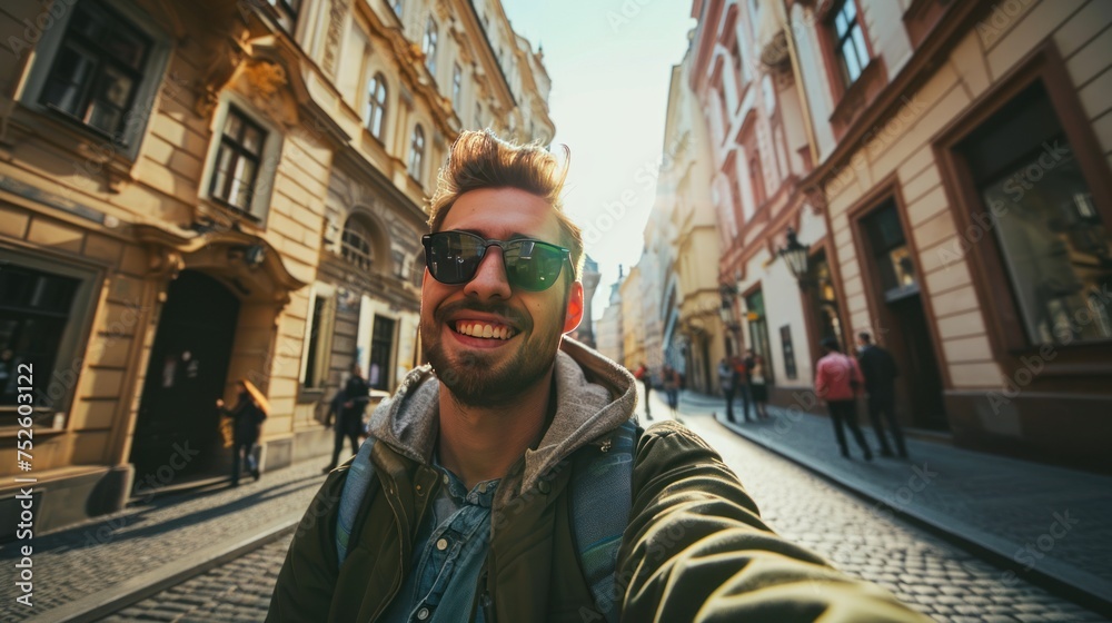 Young traveler taking selfie in street with historic buildings in the city of Prague, Czech Republic in Europe. Young traveler taking selfie in street with historic buildings in the city of Prague, Czech Republic in Europe.