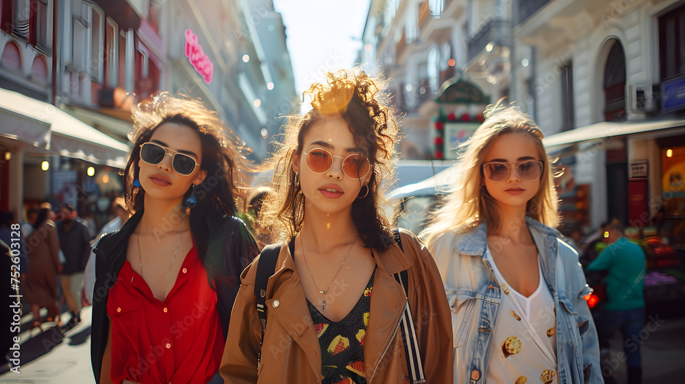 Three young women walking down a crowded street. They wearing different stylish clothes. The street crowded with people and street food vendors. Three young women walking down a crowded street. They wearing different stylish clothes. The street crowded with people and street food vendors.