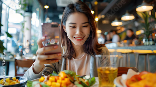 One of the women taking a photo of the food. The woman smiling and looking at the phone. The woman, the food, and the phone in the center of the frame.