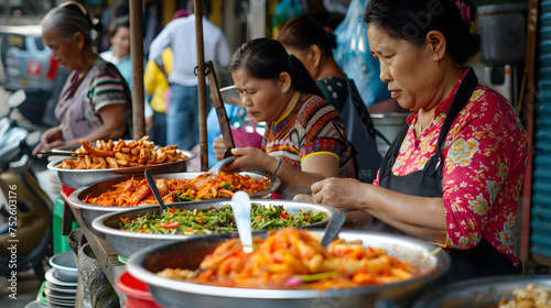 The women buying food from a street food stall. The food visually appealing and look delicious. Use a photorealistic style to capture the details of the women, the food, and the street food stall. © Nawarit