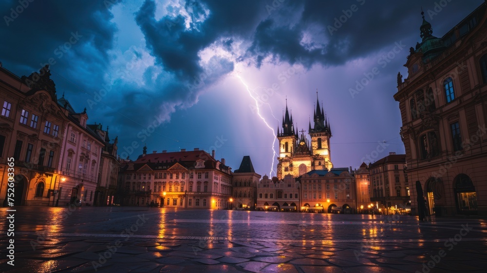 Fototapeta premium Thunderstorm over Prague city in Czech Republic in Europe.