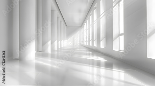 Symmetrical blackandwhite hallway with wooden floor  columns  and windows