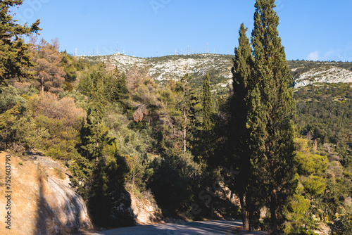 Hymettus mountain landscape, hiking in Athens, Hymettos mountain range panoramic beautiful view, Attica, Greece, in a summer sunny day, with Kaisariani aesthetic forest photo