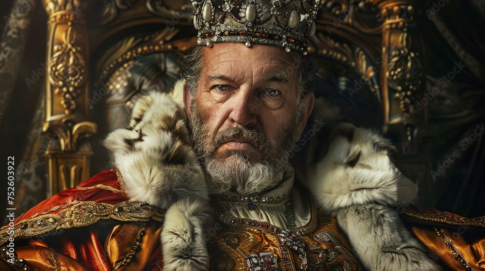 Fototapeta premium An older man with a serious expression is pictured from the chest up, dressed in an elaborate royal outfit. He wears a detailed crown adorned with jewels and pearls, and his attire consists of a fur-t