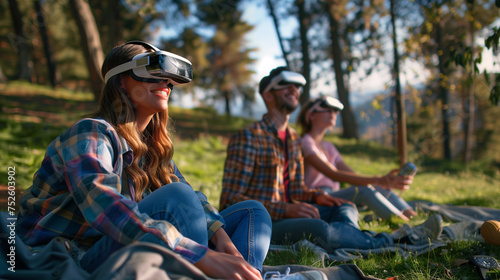 a group of people wearing VR glasses while camping at the park.
