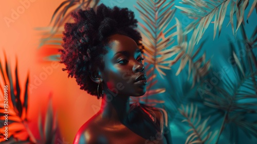 A portrait of a young woman with dark skin, featuring her in profile. Her hair is styled in a voluminous natural afro, and she has subtle makeup and hoop earrings. The lighting on the subject uses con