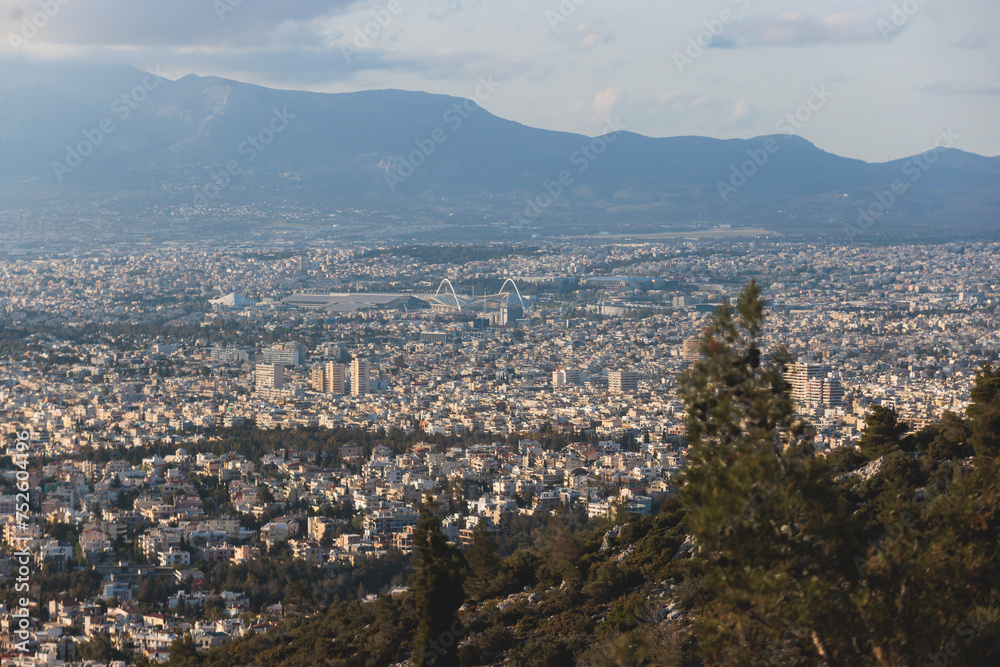 Obraz premium Hymettus mountain landscape, hiking in Athens, Hymettos mountain range panoramic beautiful view, Attica, Greece, in a summer sunny day, with Kaisariani aesthetic forest