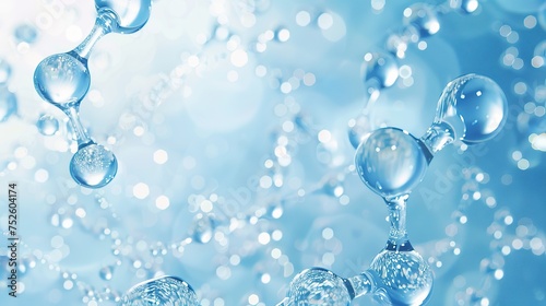 Elegant blue backdrop highlighting hydration technology with hyaluronic acid and water molecules.