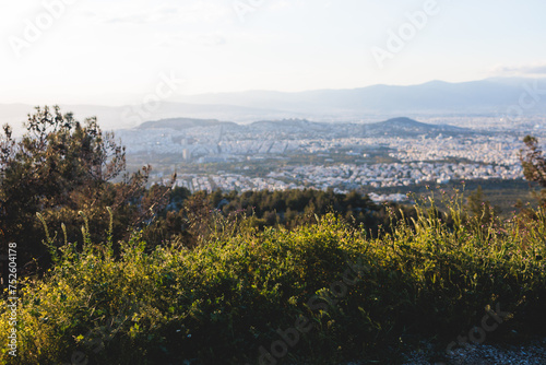 Hymettus mountain landscape  hiking in Athens  Hymettos mountain range panoramic beautiful view  Attica  Greece  in a summer sunny day  with Kaisariani aesthetic forest