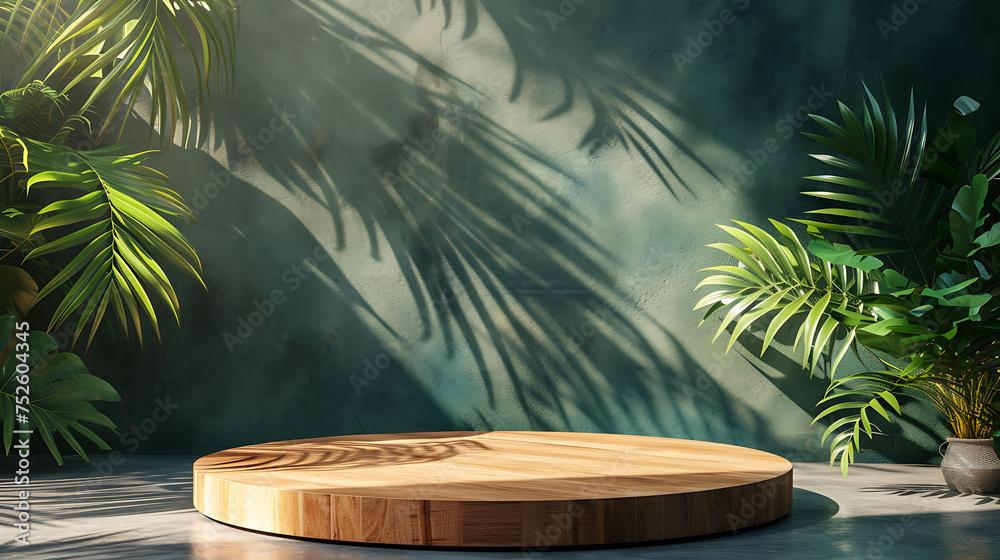 Wooden podium display with leaf shadow composition for product presentation Wooden podium display with leaf shadow composition for product presentation