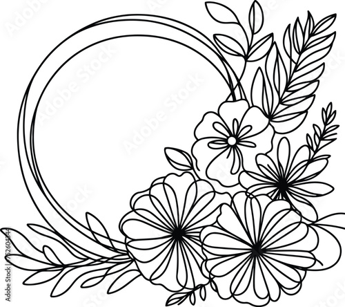 flower and leaf  botanical frame decoration  in continuous line drawing minimalist style.