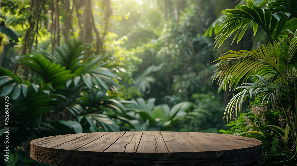 Wooden podium in tropical forest for product presentation and green background Wooden podium in tropical forest for product presentation and green background