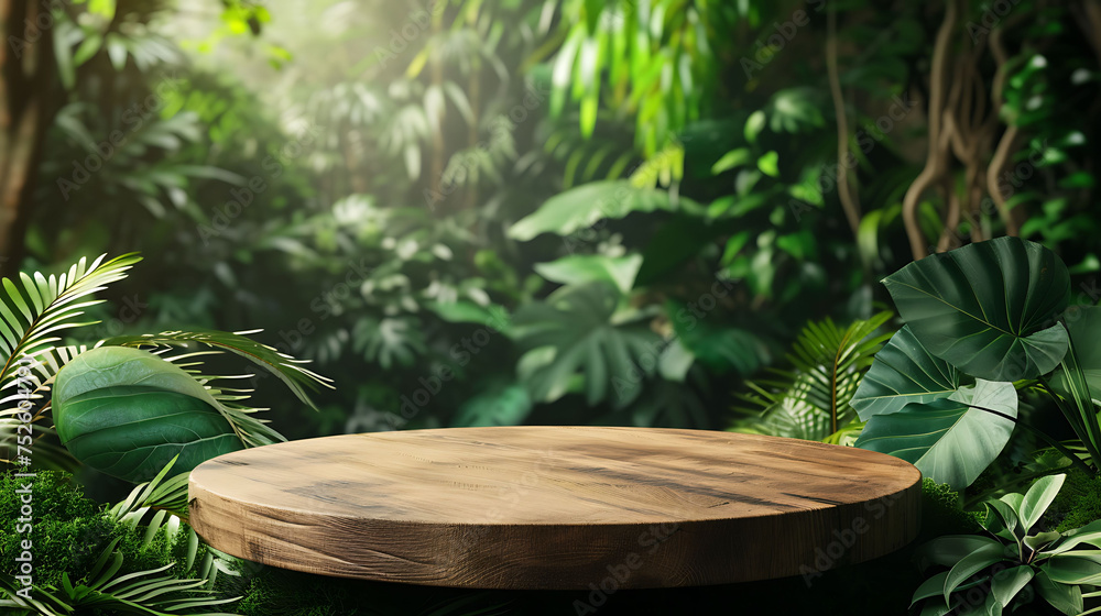 Wooden podium in tropical forest for product presentation and green background Wooden podium in tropical forest for product presentation and green background