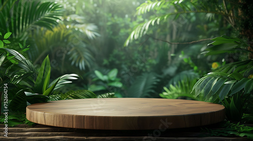 Wooden podium in tropical forest for product presentation and green background