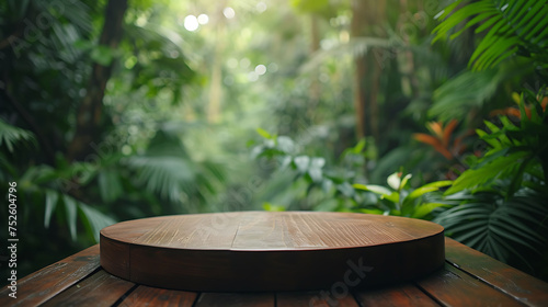 Wooden podium in tropical forest for product presentation and green background © Irfan Hameed