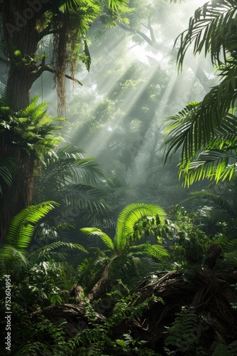 Prehistoric forest jungle with giant trees.
