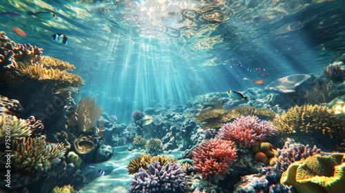 Underwater seascape with coral reef near the water's surface. Concept of snorkeling spots, aquatic ecosystems, and sunlight penetration.