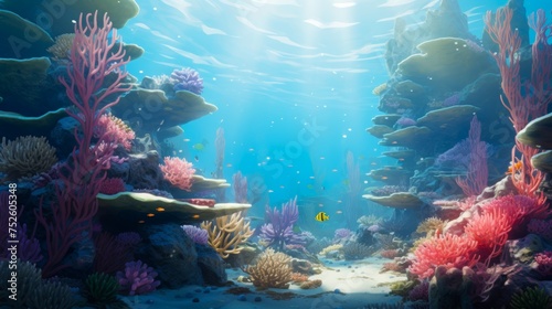 Underwater seascape with vivid coral reef. Concept of snorkeling spots, aquatic ecosystems, sea conservation, marine life, and sunlight penetration.