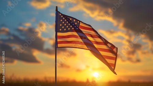 US national flag flying in air at sunset