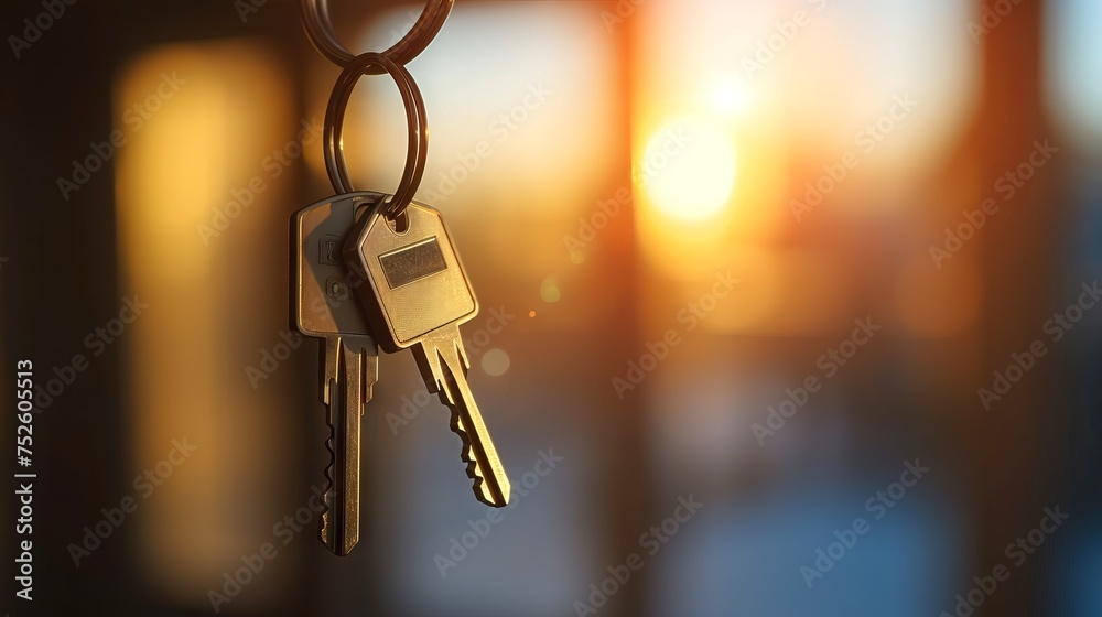 House keys dangling with the soft sunset in the background. Concept of homeownership, real estate transactions, and property security. Banner with copy space House keys dangling with the soft sunset in the background. Concept of homeownership, real estate transactions, and property security. Banner with copy space