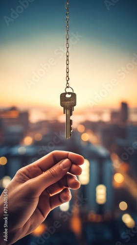Hand holding key with a sunset backdrop over the city. Concept of new apartment, real estate purchase, home buying, and metropolitan lifestyle. Vertical © Jafree
