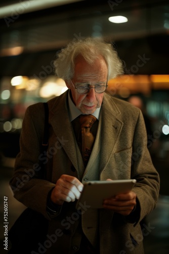 A n elderly man is looking at a tablet computer. Generative AI.