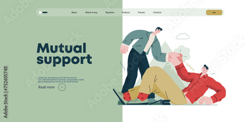 Mutual Support: Helping a fallen person get up -modern flat vector concept illustration of man assisting another man to stand up A metaphor of voluntary, collaborative exchanges of resource, services