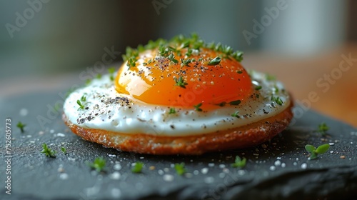 Fried egg on a toast, garnished with herbs. Concept of breakfast food, healthy eating, gourmet brunch, and fresh ingredients.
