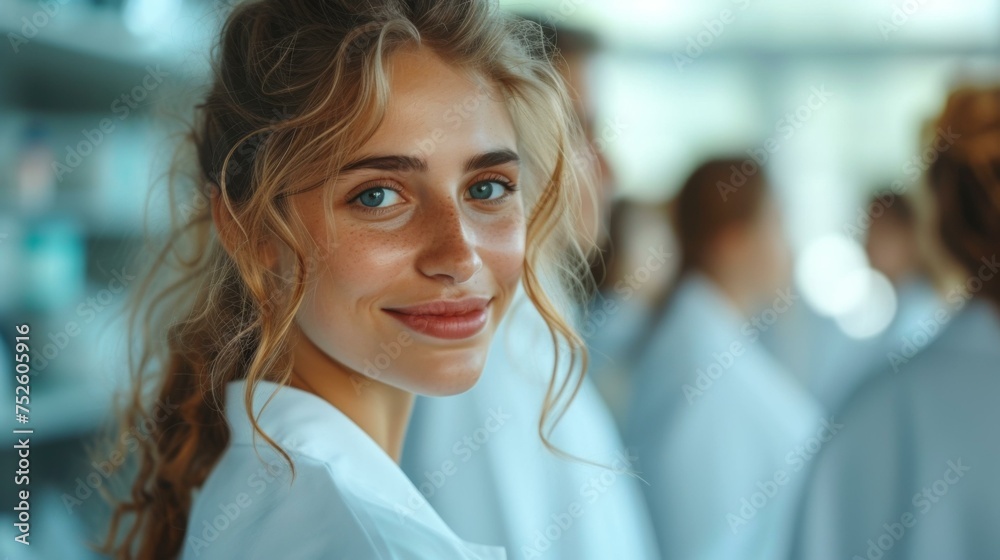 A woman in a lab coat is smiling. Generative AI. A woman in a lab coat is smiling. Generative AI.