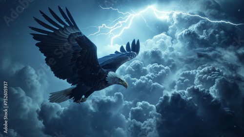 A bald eagle flying in sky in thunderstorm.