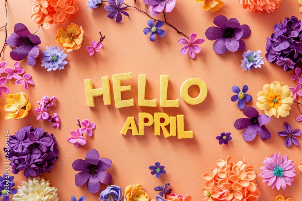 wallpaper the words hello april in yellow and purple flowers Generative AI - obrazy, fototapety, plakaty 