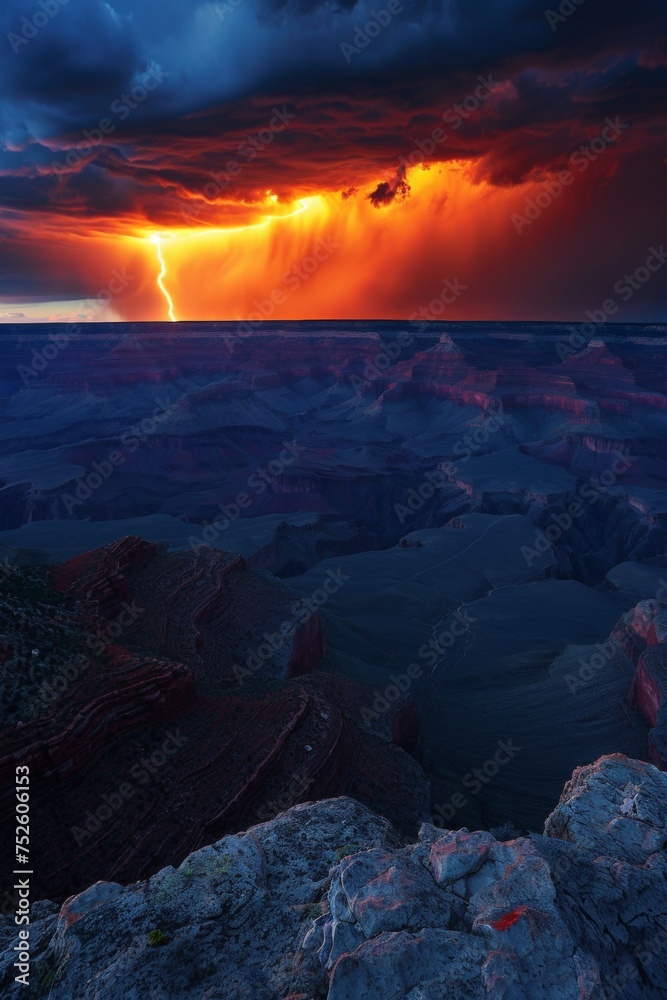 Naklejka premium Lightning strike and heavy cloud at Grand Canyon.