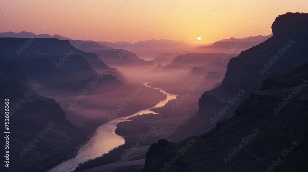 Majestic landscape of rugged lands with valleys and river.