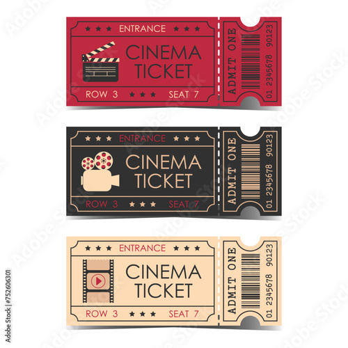 Set of retro cinema tickets templates. Vector movie theatre illustration in vintage colours. Admission coupons