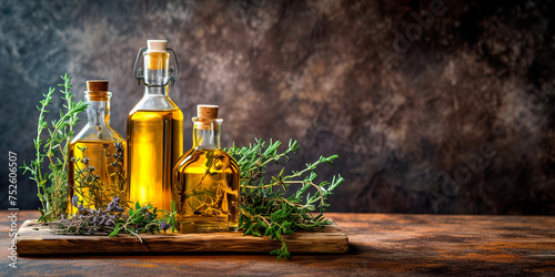 golden olive oil and vinegar bottles with thyme