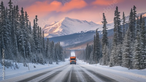 Truck driving on highway with snow mountain forest in winter.