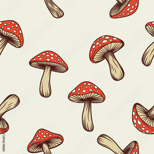 Vector Seamless Pattern with Hand Drawn Cartoon Mushrooms on a White Background. Amanita Muscaria, Fly Agaric Mushroom Design Template. Seamless Vegetable Print with Magic Mushroom