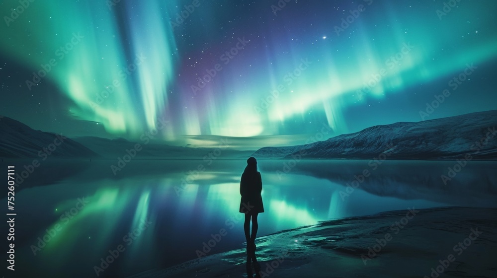 A person stands by ice snow lake with beautiful aurora northern lights in night sky in winter.