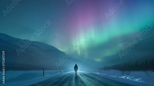 A person stands in highway snow field with beautiful aurora northern lights in night sky in winter. photo