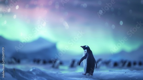 Penguins on ice land with beautiful aurora northern lights in night sky with snow forest in winter.