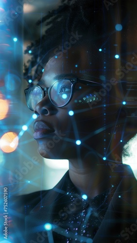Black woman cyber security expert. With AI code illusminated overlay around her.  Working in a data center. Female Computer Engineer. Generative AI.