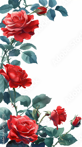 Watercolor border made of red roses and green leaves on white background. Decoration for wedding invitation or greeting card for Women s and Valentine s day. Template with copy space