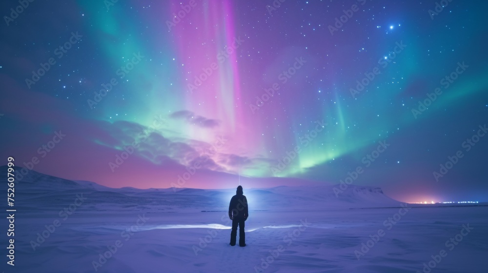 A person stands in snow field with beautiful aurora northern lights in night sky in winter. - obrazy, fototapety, plakaty 