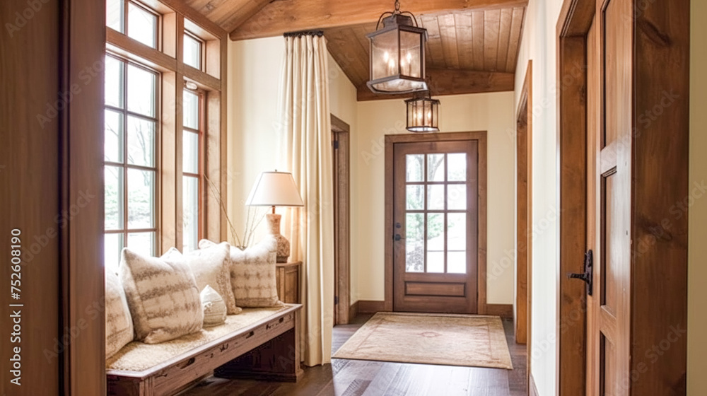 Fototapeta premium Farmhouse hallway decor, interior design and home decor, entryway furniture, stairway and entrance hall in an English country house and cottage style