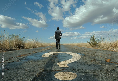 Business person lokking at road with question mark sign